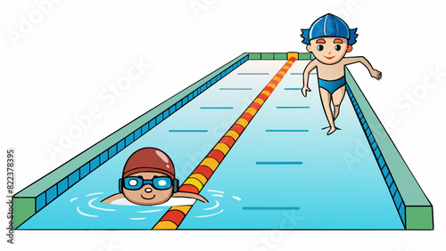 In a pool a swimmer is doing laps while a coach observes from the side. The water is clear and sparkling and there are lane markers at the bottom. The. Cartoon Vector