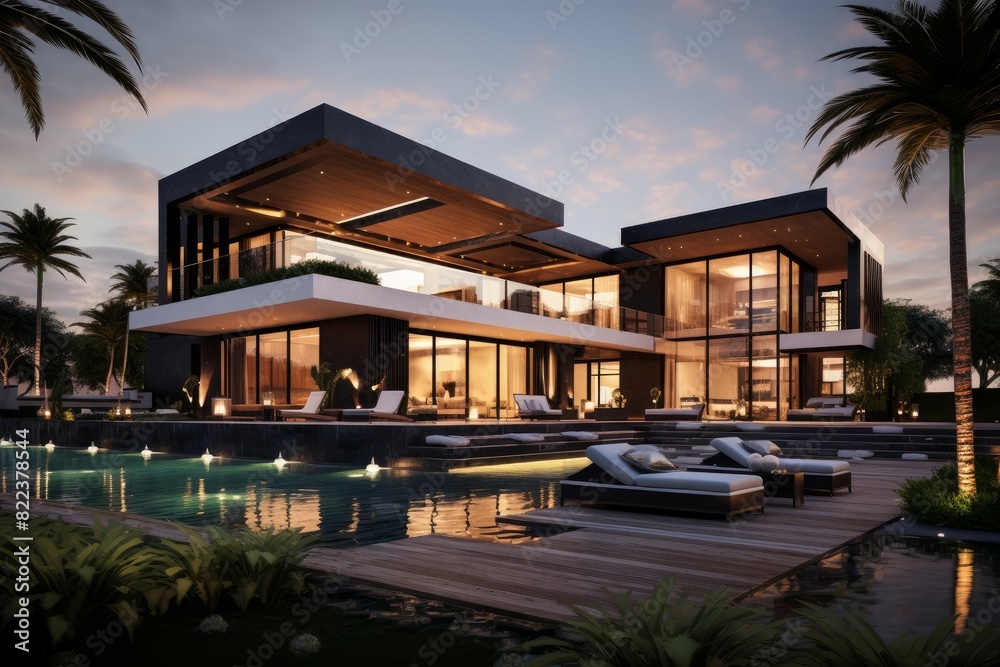 Elegant contemporary home exterior illuminated at dusk, with a tranquil pool Elegant contemporary home exterior illuminated at dusk, with a tranquil pool
