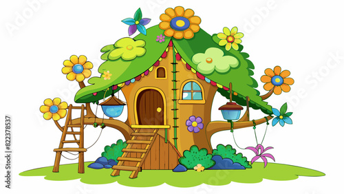 Magical Treehouse This title evokes the image of a whimsical treehouse set high up in a tree. The treehouse is constructed from allnatural materials. Cartoon Vector