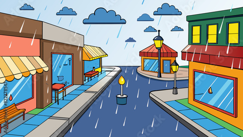 Monsoon A city street flooded with ankledeep rainwater illuminated by the vibrant lights of storefronts and street lamps. The sounds of thunder and. Cartoon Vector
