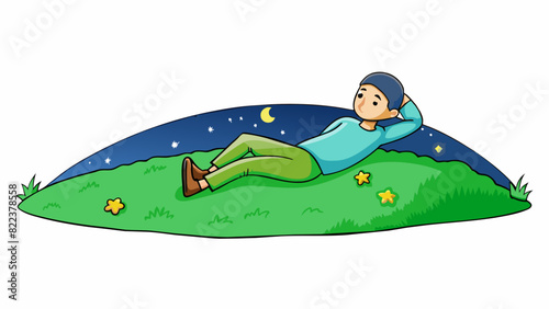 Lying on a grassy hill staring up at the vast expanse of the starry night sky and feeling a sense of wonder and awe at the beauty of the universe.. Cartoon Vector