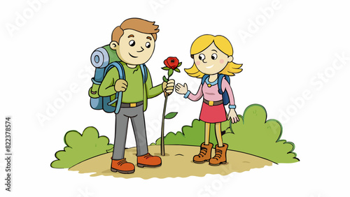 On a hiking trail a couple stopped to admire a blooming rose bush. She had a flower tucked behind her ear and he had a small bunch in his hand which. Cartoon Vector