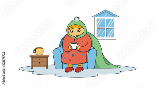Sitting in a cozy living room cuddled up with a soft fluffy blanket and sipping a hot cup of tea while watching the rain pour outside.. Cartoon Vector