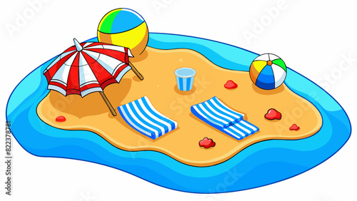 Summer A sandy beach with sparkling blue water dotted with colorful beach umbrellas and towels. The sun beats down from a bright blue sky warming the. Cartoon Vector