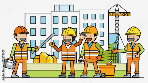 The construction crew was a busy and loud group clad in fluorescent orange vests and hard hats. They operated machinery hammered nails and carried. Cartoon Vector