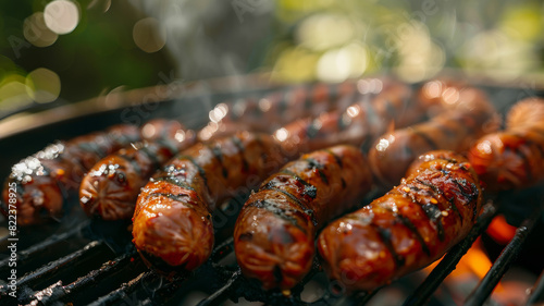 Grilled sausages on a barbecue grill, outdoor setting