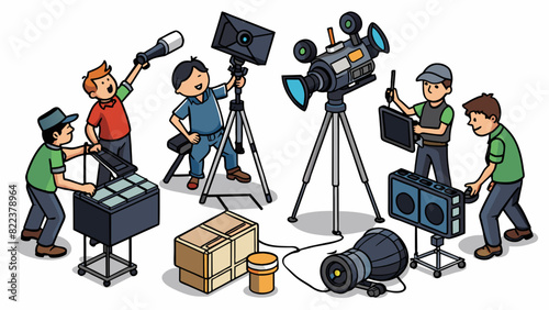 The film crew worked tirelessly throughout the night setting up lights and cameras adjusting microphones and arranging props. They all wore black. Cartoon Vector