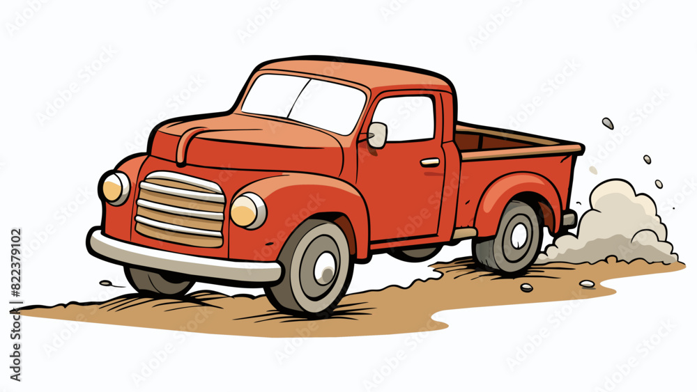 The old truck chugged down the dusty road its faded red paint peeling slightly in the hot sun. Despite its worn appearance the vehicle exuded a rugged. Cartoon Vector