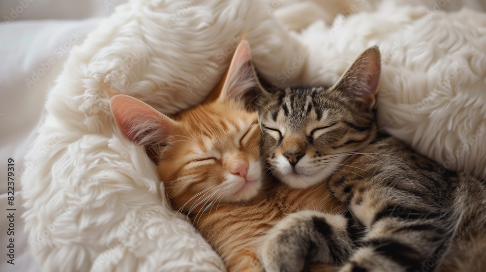 Lovely cat couple sleep together hug on white fluffy bed. Valentine's Day celebration concept. Lovely cat couple sleep together hug on white fluffy bed. Valentine's Day celebration concept.