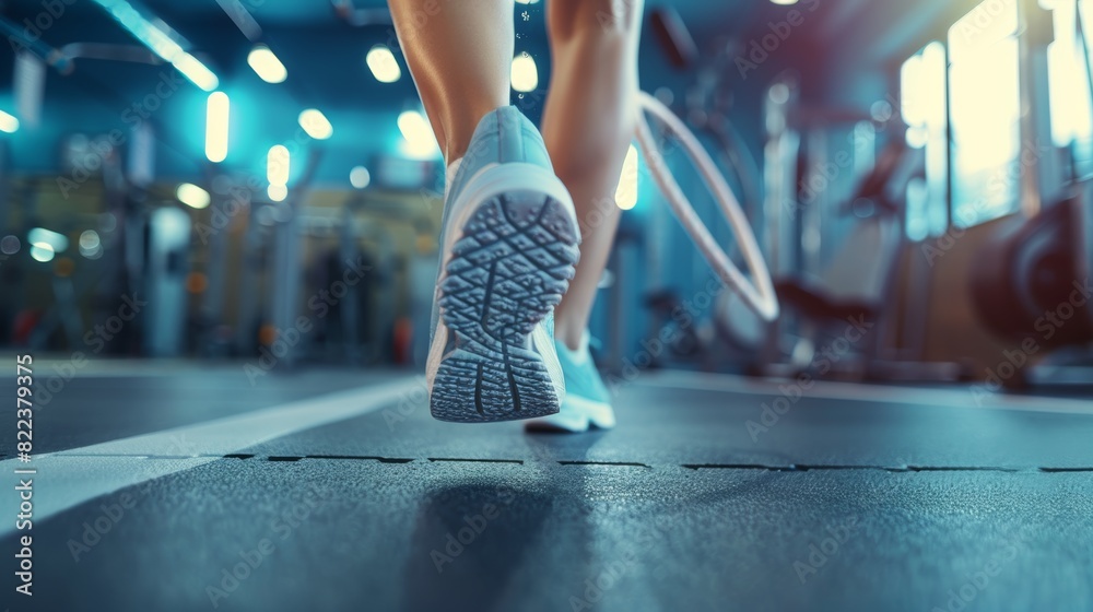 Fototapeta premium Dynamic Close-Up of Female Athlete Jumping Rope in Vibrant Gym Setting - Perfect for Fitness and Exercise Themes