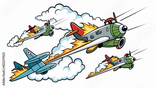 The sky was filled with the deafening noise of fighter planes as they danced and weaved ast each other leaving behind a trail of billowing black smoke. Cartoon Vector