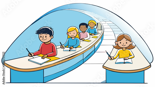 The students sat at long curved desks their pens and notebooks spread out in front of them. The ceiling above was adorned with a grid of bright. Cartoon Vector