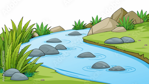 The tone of the river was peaceful and serene as its crystalclear waters gently flowed over smooth rounded rocks and swayed tall grasses on its banks.. Cartoon Vector