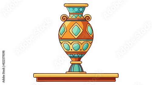 The vase sat on the high shelf nestled a other delicate treasures. Its intricate designs and shiny finish indicated a sense of high status and value.. Cartoon Vector