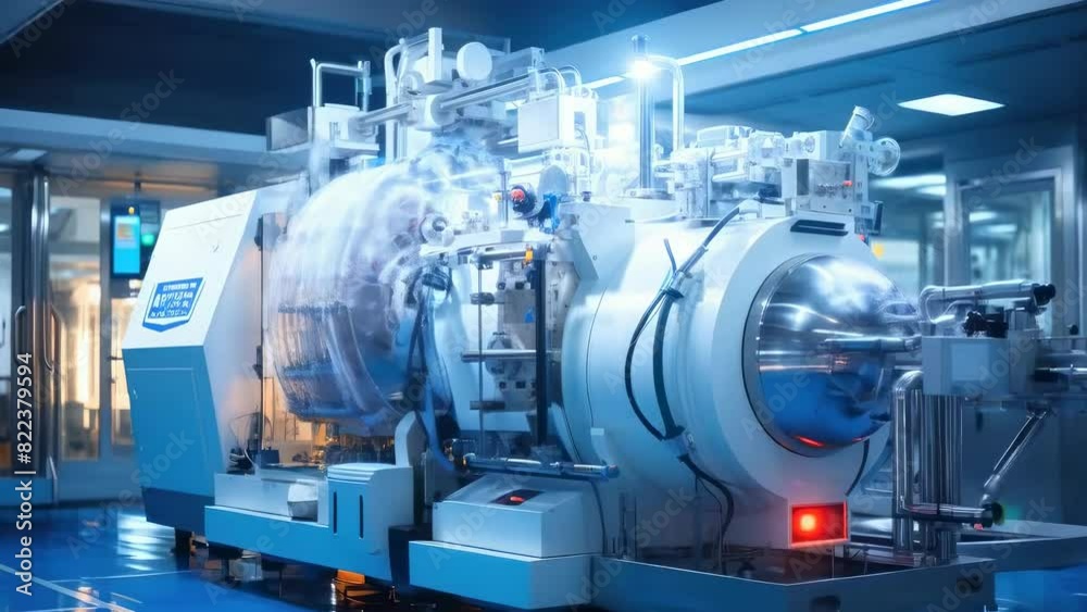 A large scientific apparatus with metal pipes and wires, surrounded by modern lab equipment. Bright lighting highlights the details and complexity of the device. A large scientific apparatus with metal pipes and wires, surrounded by modern lab equipment. Bright lighting highlights the details and complexity of the device.