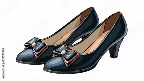Two classic black pumps Both shoes have a pointed toe and a shiny patent finish. One has a low chunky heel while the other is adorned with a delicate. Cartoon Vector