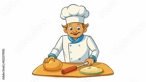A baker kneading a ball of dough on a floured surface pressing and rolling it with their hands to create a smooth and elastic texture. The dough. Cartoon Vector