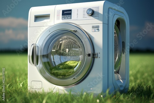 Conceptual image of a washing machine with nature view inside drum on a lush lawn photo