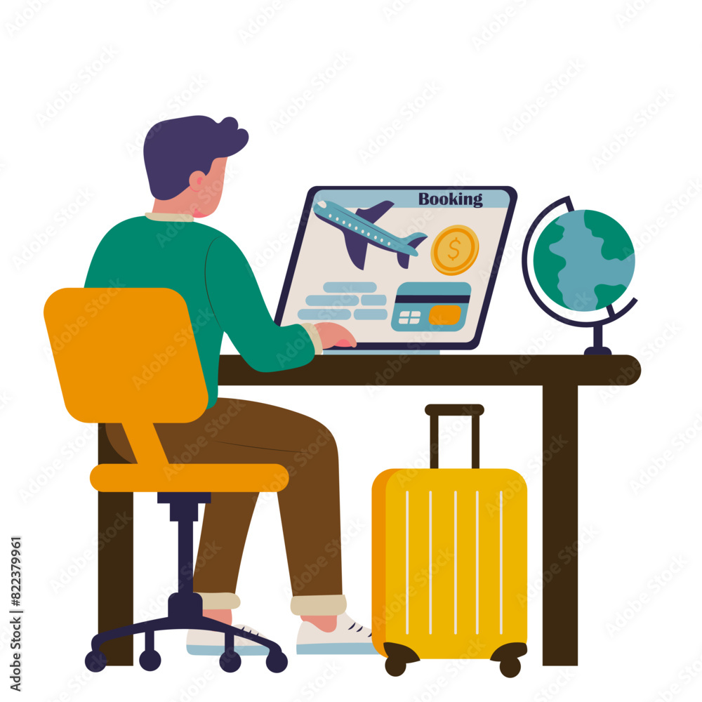 Flight tickets online booking. Man buying ticket with computer. Vector illustration. Flight tickets online booking. Man buying ticket with computer. Vector illustration.