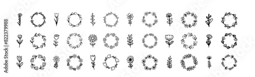 Botanical circle frame. Hand drawn round line border, leaves and flowers, wedding invitation and cards, logo design and posters template. Elegant minimal style floral vector isolated set