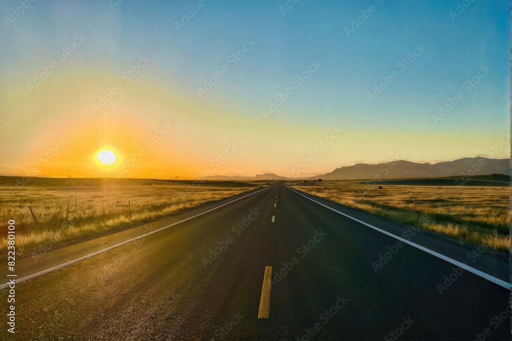 Fototapeta premium Endless Highway Stretching Towards Distant Mountains at Sunrise