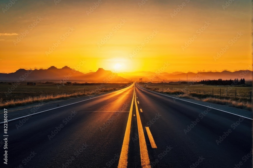 Endless Highway Stretching Towards Distant Mountains at Sunrise Endless Highway Stretching Towards Distant Mountains at Sunrise