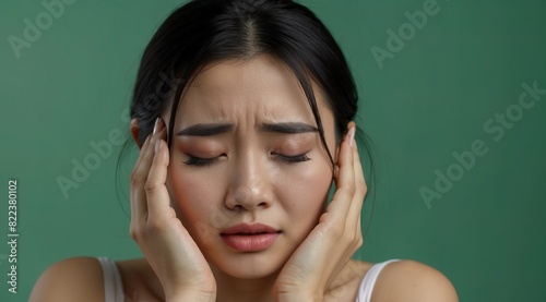 Beautiful attractive asian woman model crying expression hand on face isolated on green background