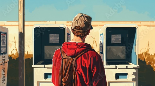 young voter looking apprehensively at the voting booths trying to grasp the severity of the moment; Election '24 Illustration