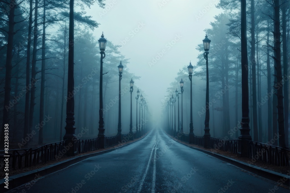 Obraz premium Foggy Pathway with Vintage Street Lamps in Forest