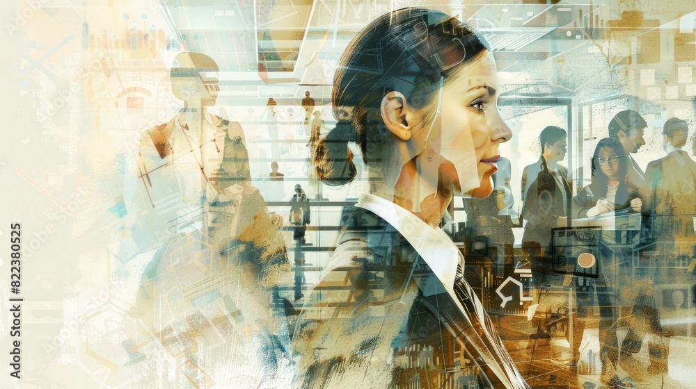 Overlay of a businesswoman and teamwork scenes, symbolizing collaboration and leadership in corporate environments. Overlay of a businesswoman and teamwork scenes, symbolizing collaboration and leadership in corporate environments.