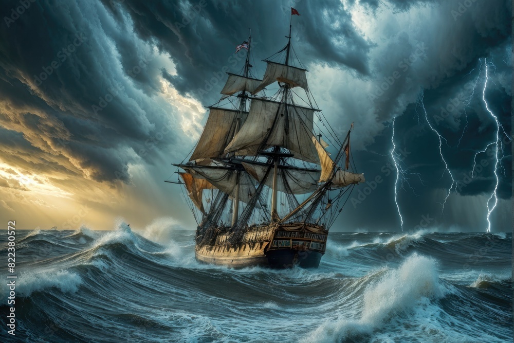 Obraz premium Ship Battling Rough Seas During Storm