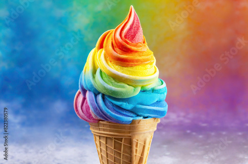 Mouthwatering Rainbow Colored Soft Serve Ice Cream Cone on Rainbow Background for Pride Month