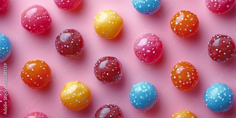 A detailed view of numerous vibrant candies spread out on a pink background