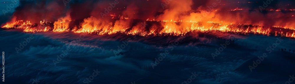 A dramatic photo of fierce wildfire flames burning through a forest at night, creating an intense and dynamic scene.