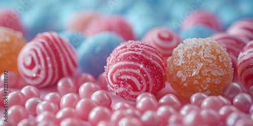A detailed view of assorted candy balls and candies in various colors and shapes photo