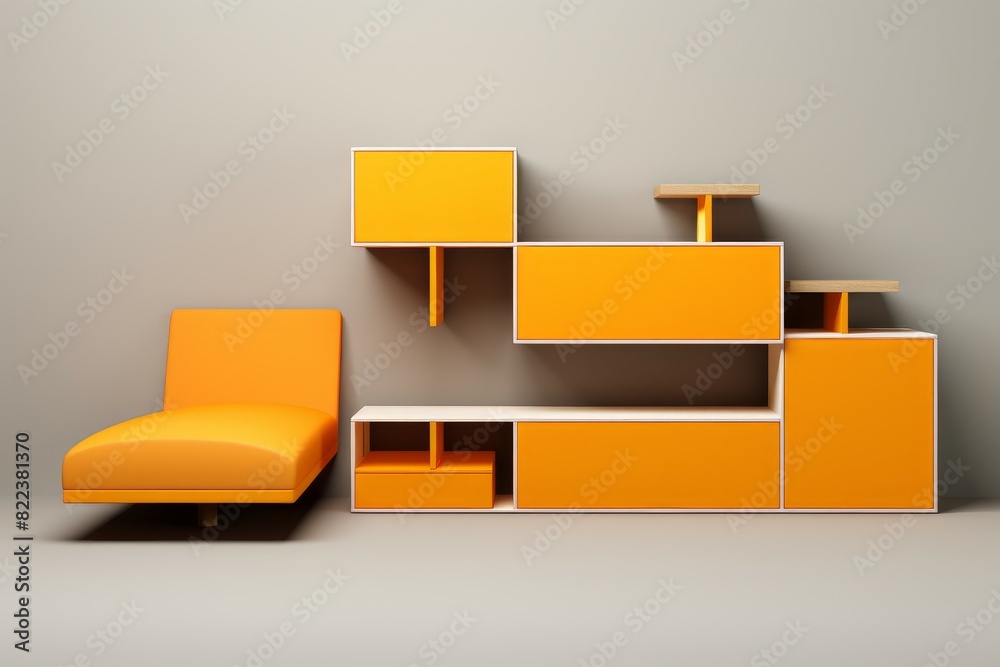 Contemporary furniture design featuring an orange sectional sofa and modular wall shelves against a neutral backdrop Contemporary furniture design featuring an orange sectional sofa and modular wall shelves against a neutral backdrop