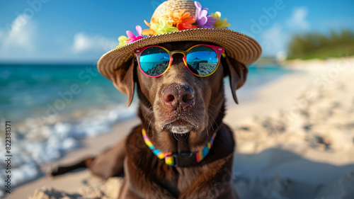 Brown Labrador wearing sunglasses and a hat on a beach.