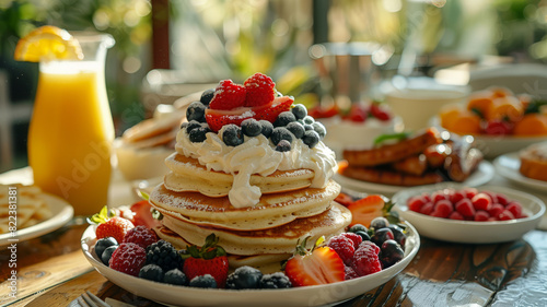 A stack of pancakes with whipped cream and berries on a breakfast table.