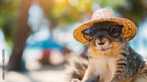 Relaxing squirrel with sun hat and sunglasses on beach.