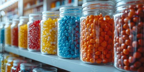 Clear glass jars in a row filled with colorful candy assortments