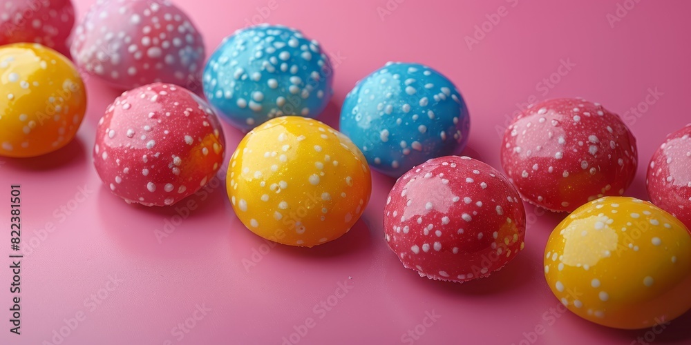 A variety of colorful candies lined up neatly on a vibrant pink surface A variety of colorful candies lined up neatly on a vibrant pink surface