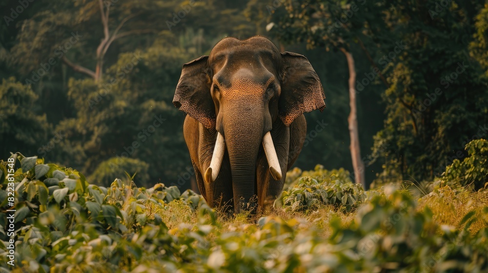 Fototapeta premium Proud male elephant with large tusks, captured in its natural habitat against a backdrop of lush greenery.