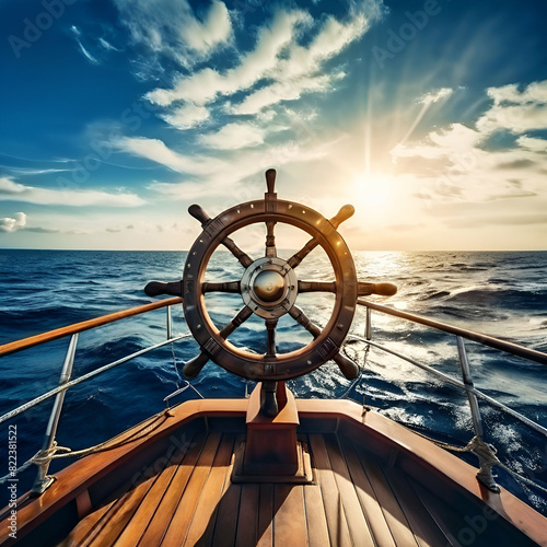 ship wheel on boat with sea and sky freedom and adventure direction concept,