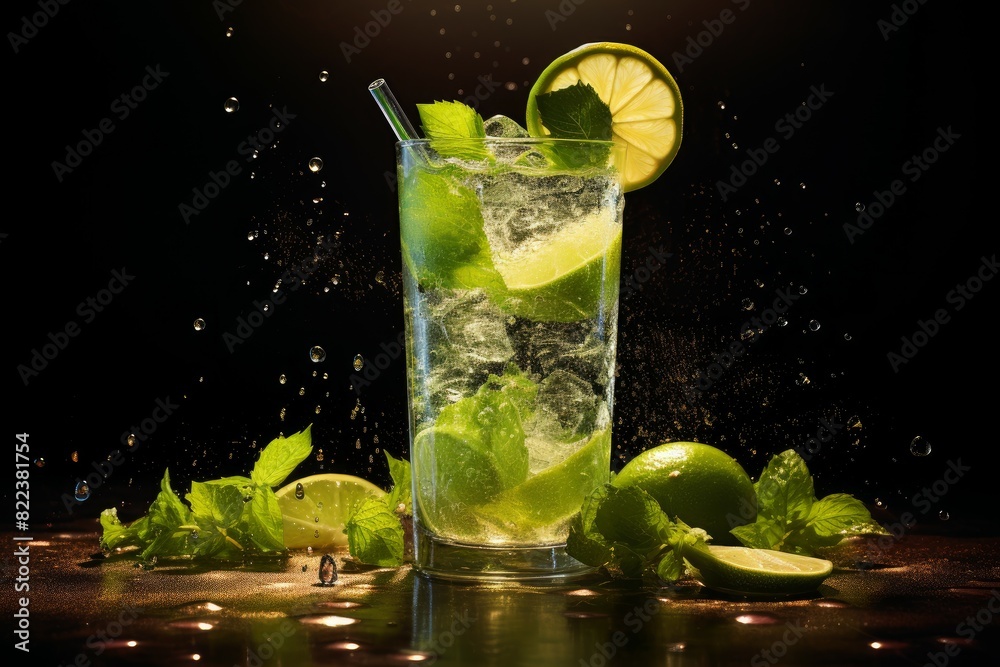 Invigorating mojito cocktail splash with lime and mint in a glass of ...