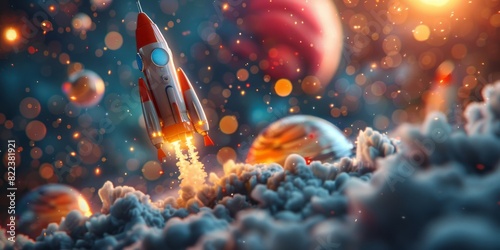 A red and white rocket with flames shooting out from its base lifts off into outer space photo