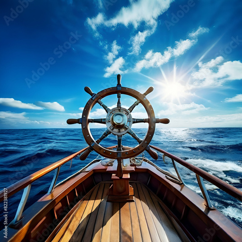 ship wheel on boat with sea and sky freedom and adventure direction concept,