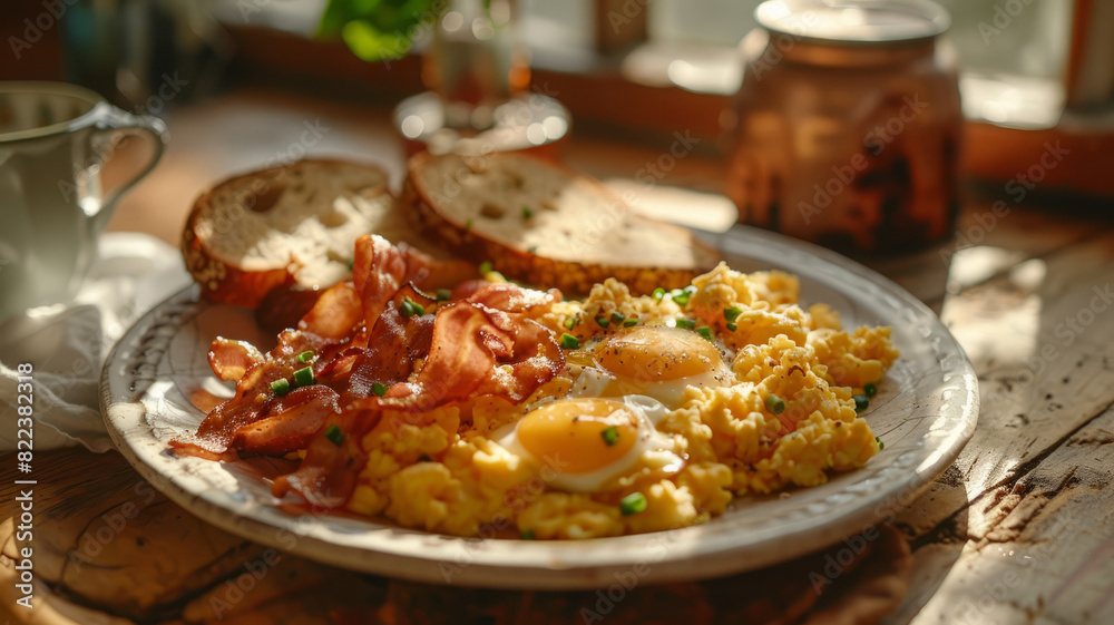 Plate of scrambled eggs, bacon, and bread on a rustic wooden table. Plate of scrambled eggs, bacon, and bread on a rustic wooden table.