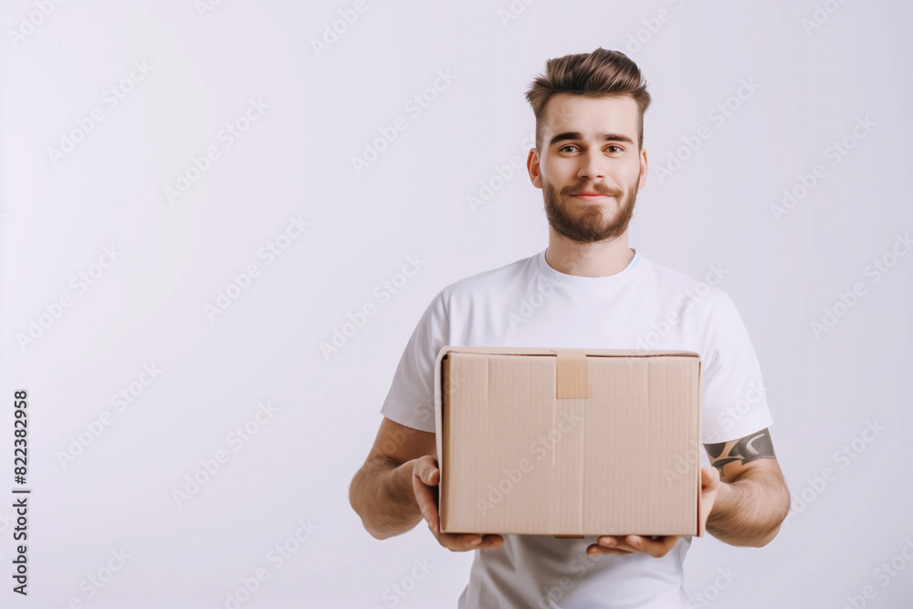 Courier carrying a cardboard box Courier carrying a cardboard box