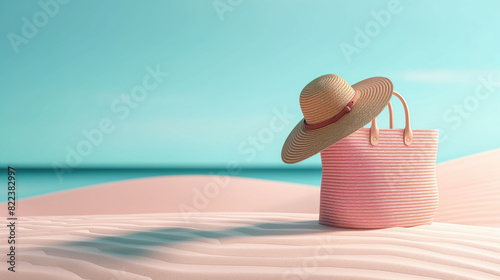 Bag with straw hat on the white sand on the tropical beach