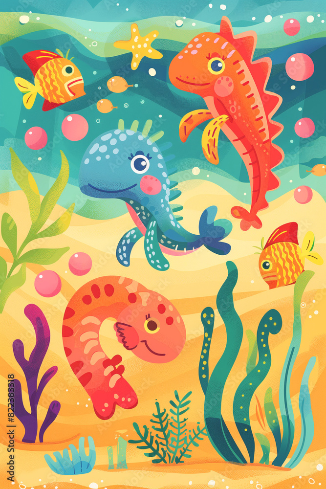 Obraz premium Cartoon sea creatures underwater